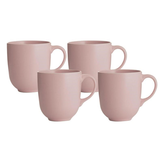 Set of 4 blush pink stoneware mugs, 400ml each, microwave and dishwasher safe, elegantly designed for all occasions.