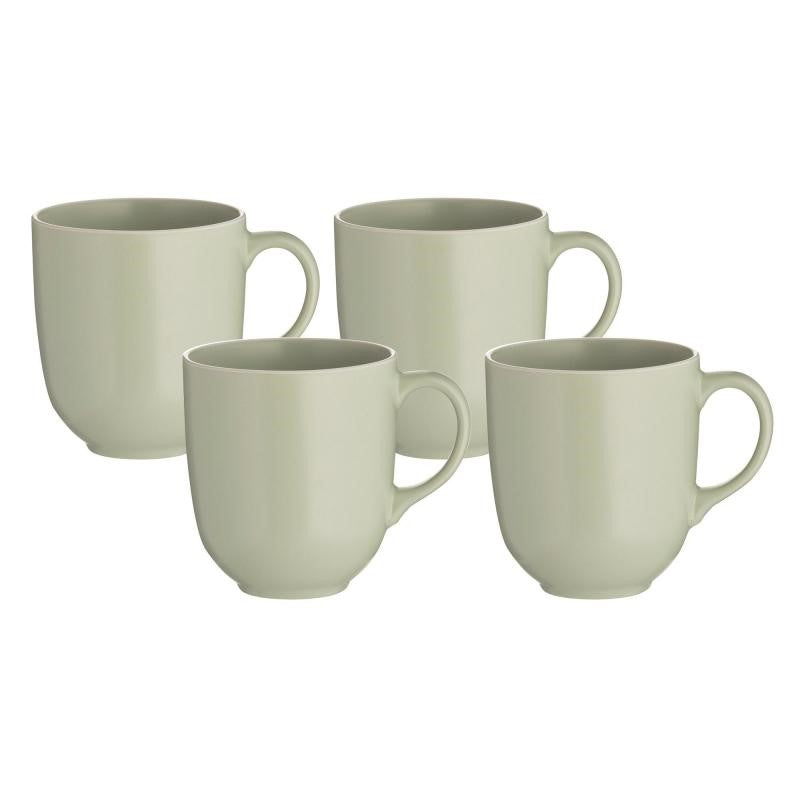 Set of 4 Mason Cash green stoneware mugs (400ml), perfect for hot or cold beverages, microwave and dishwasher safe.