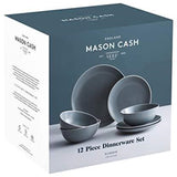 Mason Cash 12-piece dinner set in grey, featuring durable stoneware plates and bowls, ideal for any dining occasion.