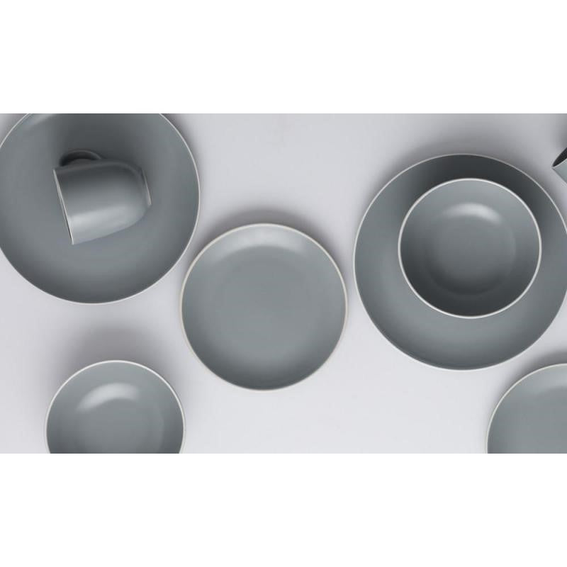 12-piece Mason Cash stoneware dinner set in grey, including plates and bowls, chip-resistant and microwave safe.