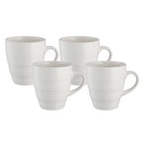 Set of 4 cream stoneware mugs with 350ml capacity, featuring embossed designs for elegant table settings.