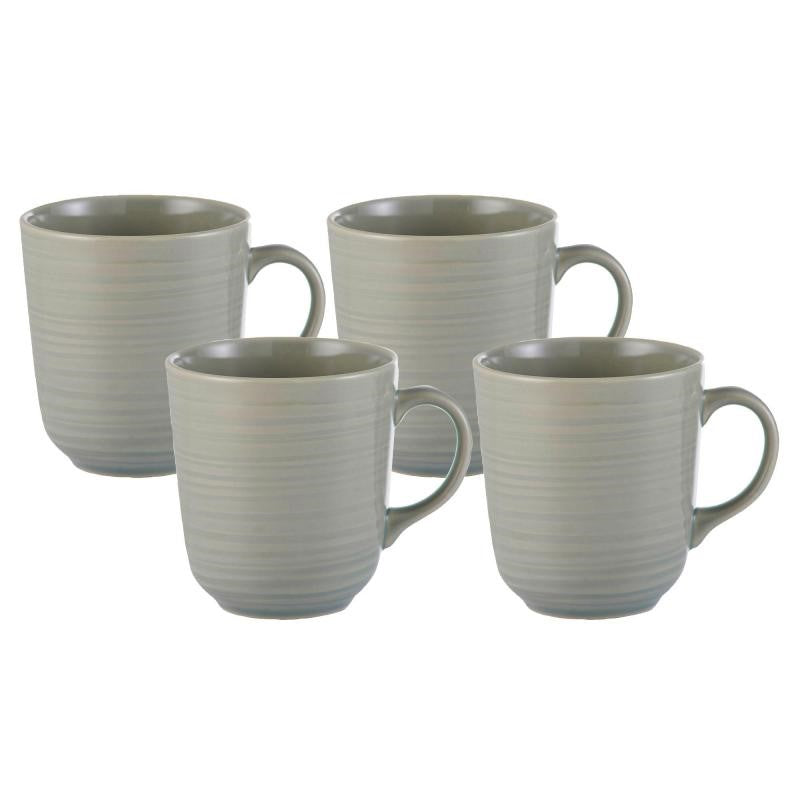 Elegant set of 4 stoneware mugs in grey with embossed ripple design, perfect for hot beverages and stylish dining.