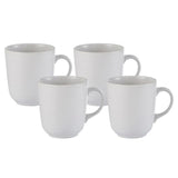 Set of 4 elegant white stoneware mugs with coupe edge and embossed ripple design, perfect for hot beverages and everyday use.