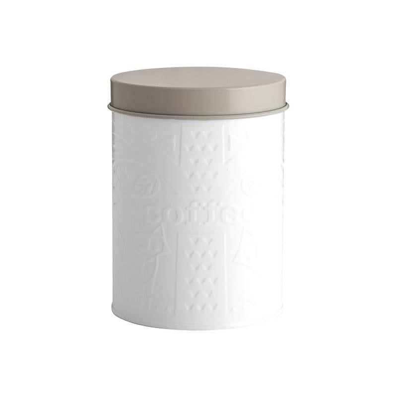 Mason Cash Forest Coffee Canister in coated steel, 1.3L capacity with airtight seal and embossed forest design for fresh coffee storage.