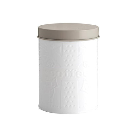 Mason Cash Forest Coffee Canister in coated steel, 1.3L capacity with airtight seal and embossed forest design for fresh coffee storage.