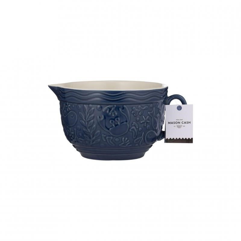 Mason Cash Nautical Batter Bowl in deep blue, embossed with sea creatures, 1.9L capacity, microwave and dishwasher safe.