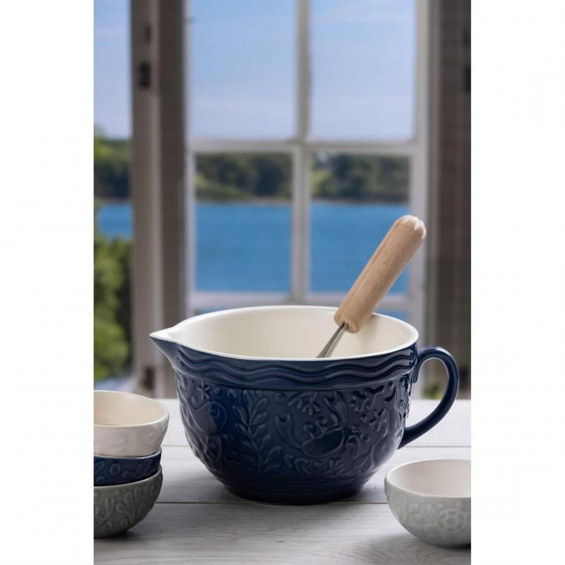 Mason Cash Nautical Batter Bowl in deep sea-blue, 1.9L capacity, featuring ocean creature embossments, durable stoneware design.