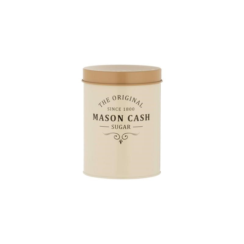 Mason Cash Heritage Sugar Canister in coated steel, 1.3L capacity with airtight lid for stylish kitchen storage.