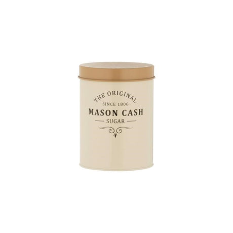 Mason Cash Heritage Sugar Canister in coated steel, 1.3L capacity with airtight lid for stylish kitchen storage.