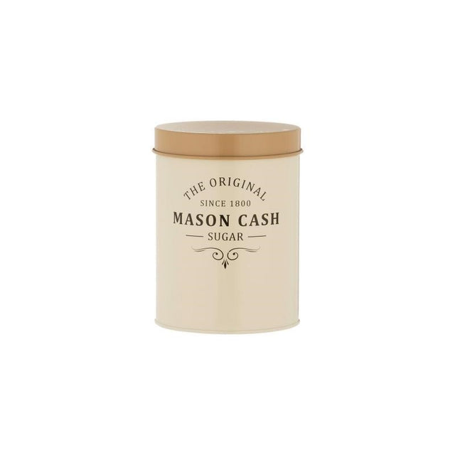 Mason Cash Heritage Sugar Canister in coated steel, 1.3L capacity with airtight lid for stylish kitchen storage.