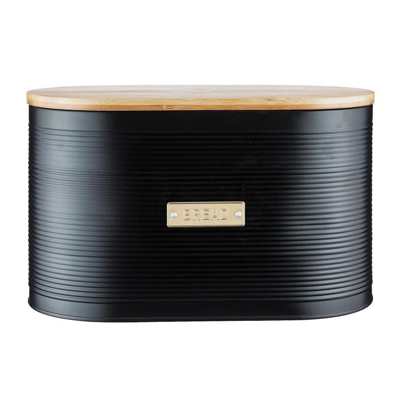 Sleek black Typhoon Living Otto Bread Bin with eco-friendly bamboo lid, featuring a unique ribbed design for stylish storage.