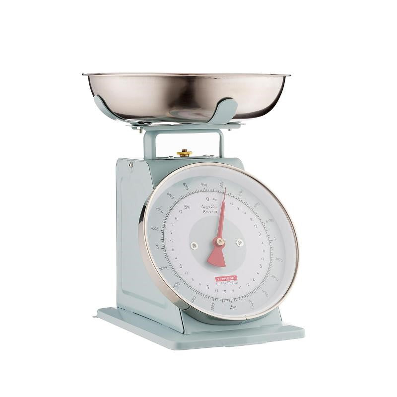 Vintage-inspired blue kitchen scales with large stainless steel bowl, accurate measuring, and easy-to-read dial.