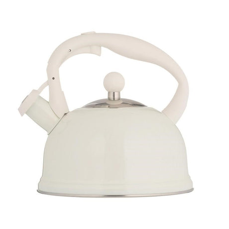 Typhoon Living Otto 1.8L cream kettle with silver lid, whistling function, and cool-touch handle for safe pouring.