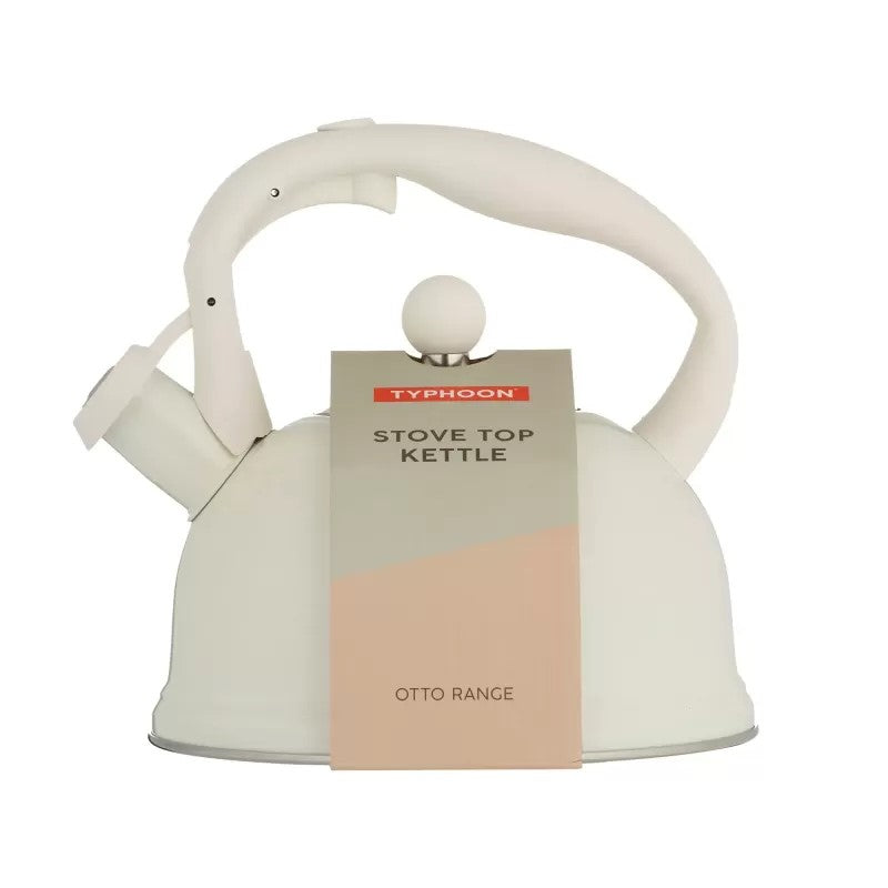 Typhoon Living Otto cream kettle 1.8L with silver lid, whistling feature, and soft touch handle for safe, stylish pouring.