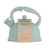 Elegant pastel blue stove top kettle with 1.8L capacity, whistling feature, flip top spout, and soft touch handle.