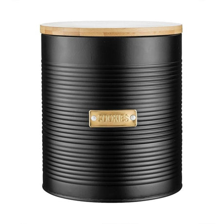 Sleek black Typhoon Living Otto 3.4L cookie storage jar with eco-friendly bamboo lid and elegant gold label.