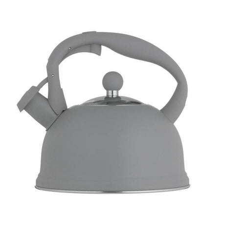 Elegant grey 1.8L Typhoon Living Otto kettle with whistling mechanism, ergonomic handle, and stylish stainless steel design.