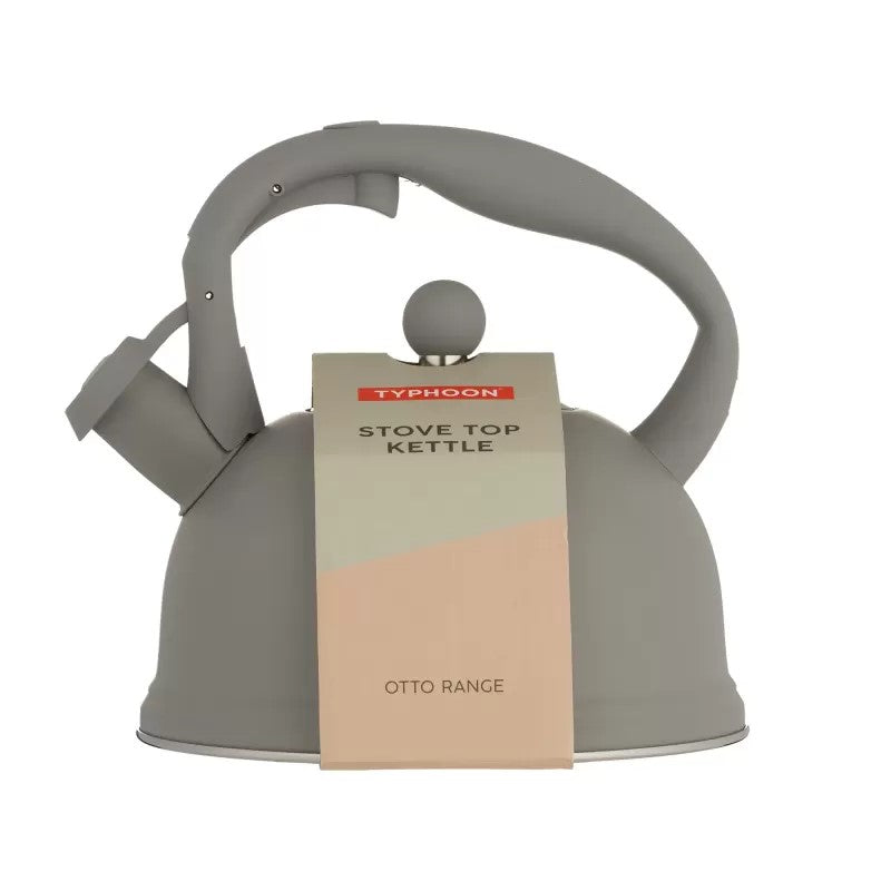 Elegant grey Typhoon Living Otto Stove Top Kettle 1.8L with whistling mechanism and soft touch handle for easy pouring.