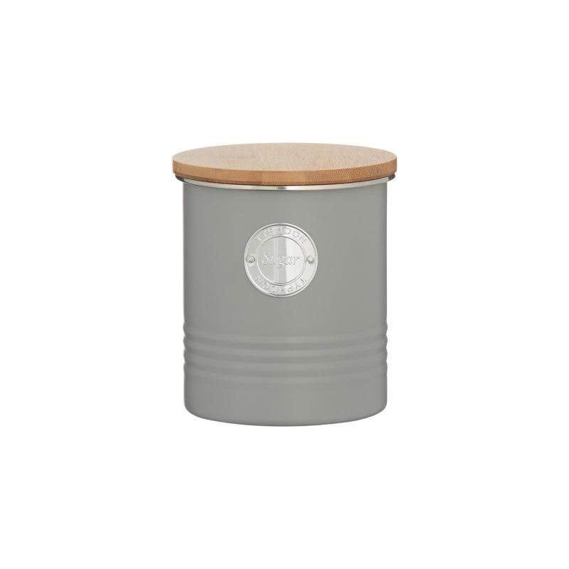 Elegant grey sugar storage canister with a bamboo lid, 1L capacity, airtight seal, and durable construction for stylish kitchen organization.