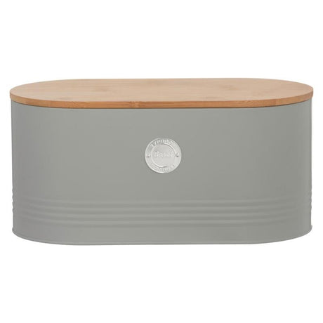 Elegant grey bread bin with bamboo lid, 33x17.5cm, perfect for keeping bread fresh while enhancing kitchen decor.