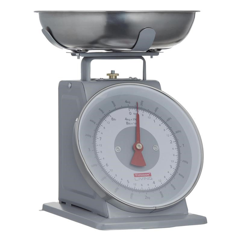 Typhoon Living Scales in grey with a clear dial, durable steel body, and large stainless steel bowl for precise weighing.