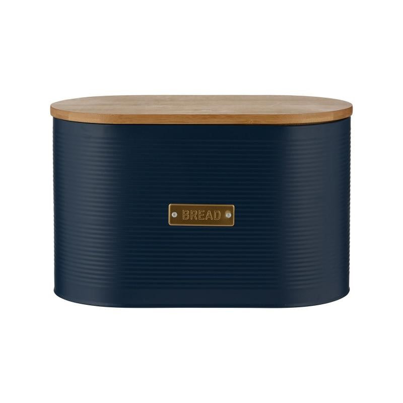 Navy Typhoon Living Otto Bread Bin with gold 'bread' badge, 10.5L capacity, bamboo lid, and ribbed design for stylish storage.