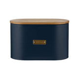 Navy Typhoon Living Otto Bread Bin with gold 'bread' badge, 10.5L capacity, bamboo lid, and ribbed design for stylish storage.