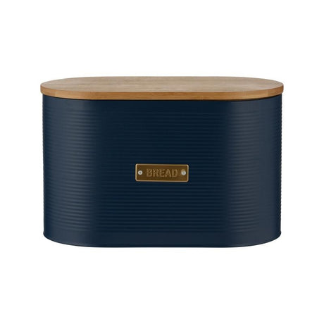 Navy Typhoon Living Otto Bread Bin with gold 'bread' badge, 10.5L capacity, bamboo lid, and ribbed design for stylish storage.