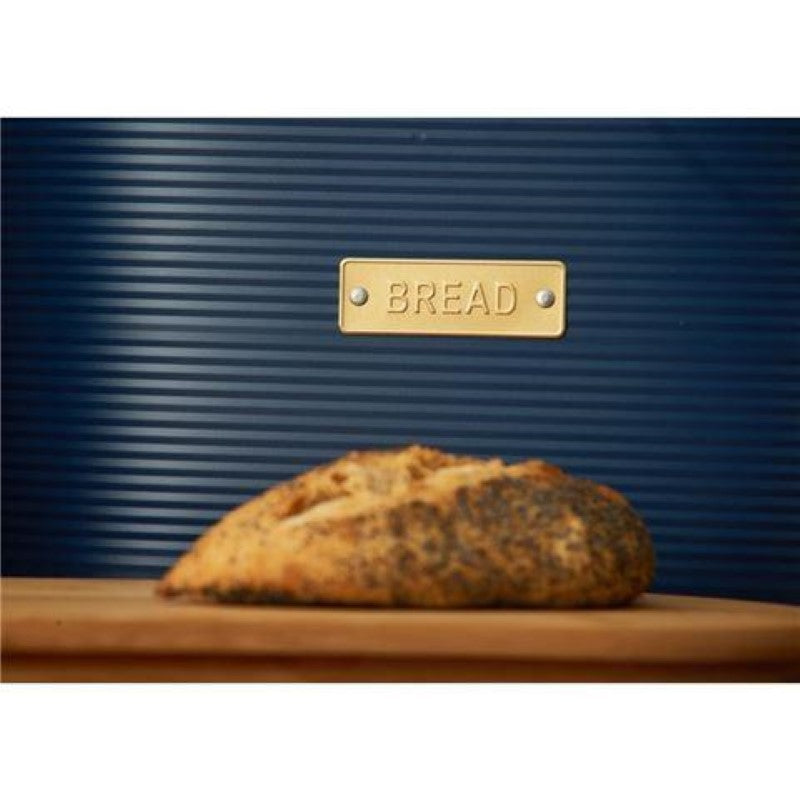 Navy Typhoon Living Otto Bread Bin with gold 'bread' badge, 10.5L capacity, eco-friendly bamboo lid, and ribbed design.