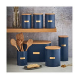 Navy Typhoon Living Otto Bread Bin with golden 'bread' badge, 10.5L capacity, stylish ribbed design, and bamboo lid.