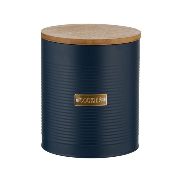 Navy 2.6L Typhoon Living Otto cookie storage canister with ribbed design and gold 'Cookie' badge, featuring an airtight seal.