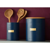 Navy 2.6L cookie storage canister with ribbed design, gold 'Cookie' badge, and airtight seal for freshness.