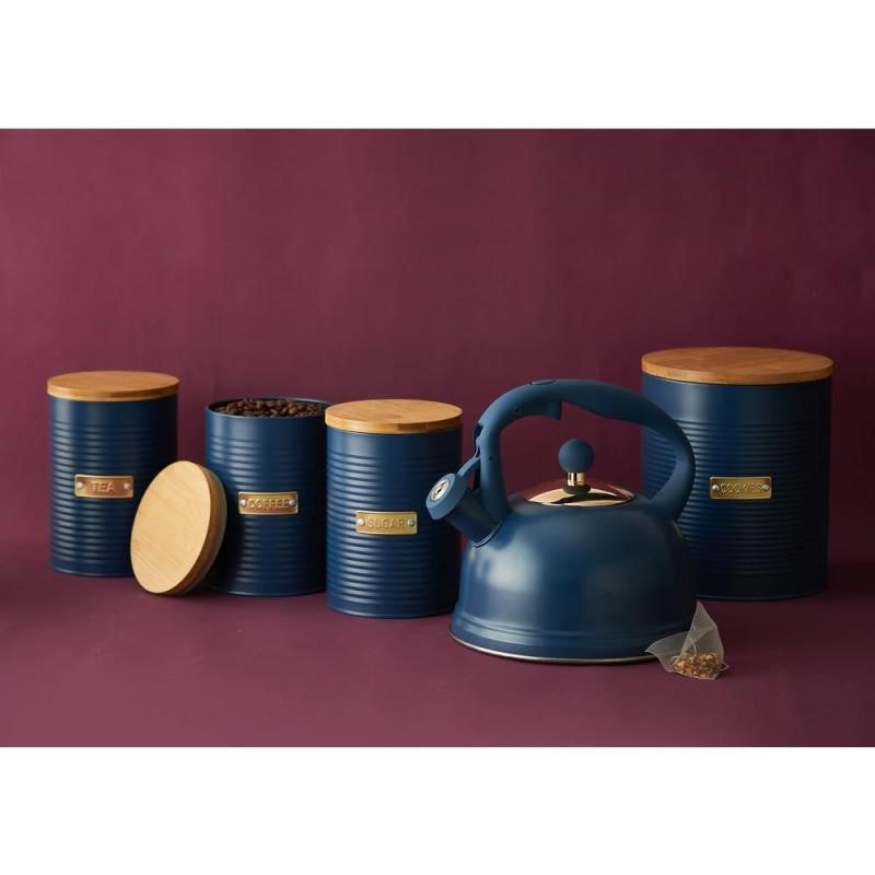 Navy 2.6L cookie storage canister with ribbed design, gold 'Cookie' badge, and bamboo lid for stylish, fresh storage.