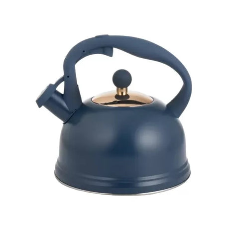 Navy 1.8L Typhoon Otto Stove Top Kettle with gold lid, whistling feature, soft touch handle, and elegant matte finish.