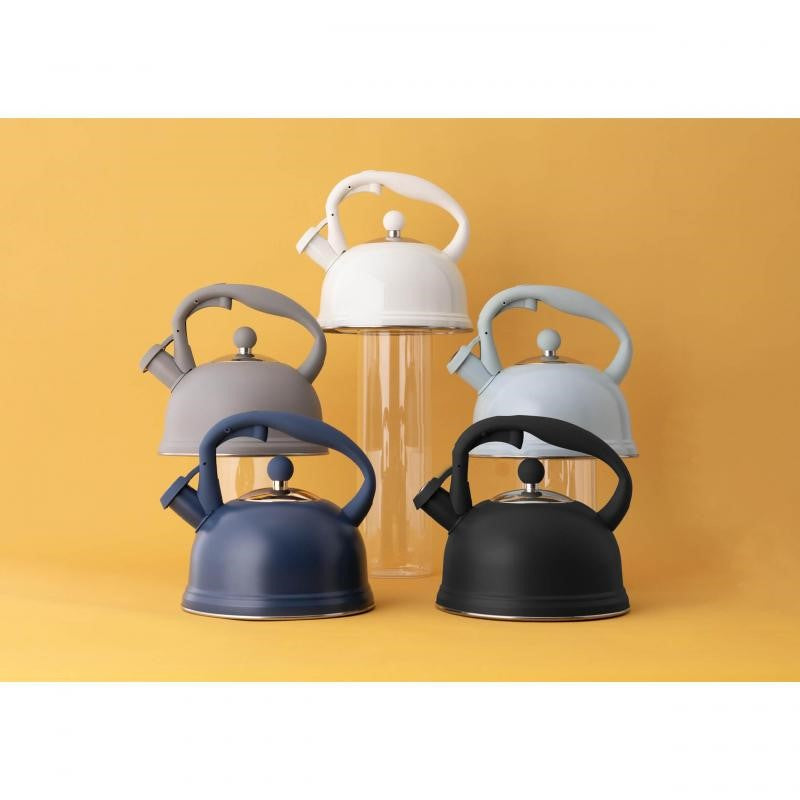 Typhoon Living Otto Navy Stove Top Kettle 1.8L features a stylish matte finish, gold lid, cool-touch handle, and whistling alert.