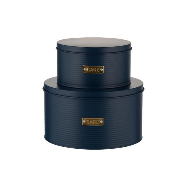 Stylish navy cake tins set of 2 with ribbed design, gold badge, breathable lids, keeping baked treats fresh and organized.