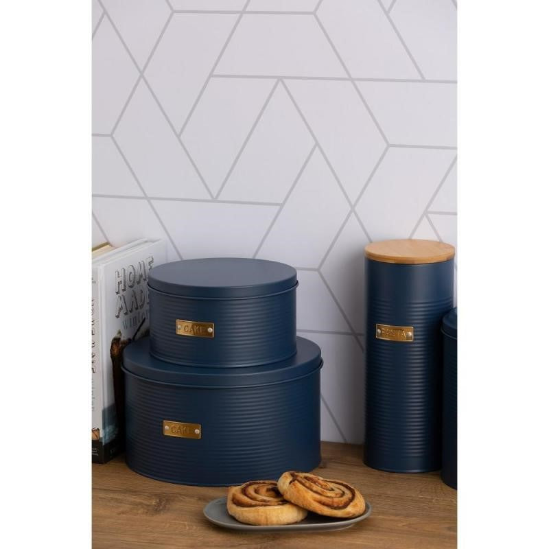 Navy Typhoon Living Otto Cake Tins set of 2, featuring a stylish ribbed design and gold 'baked goods' badge for elegant storage.