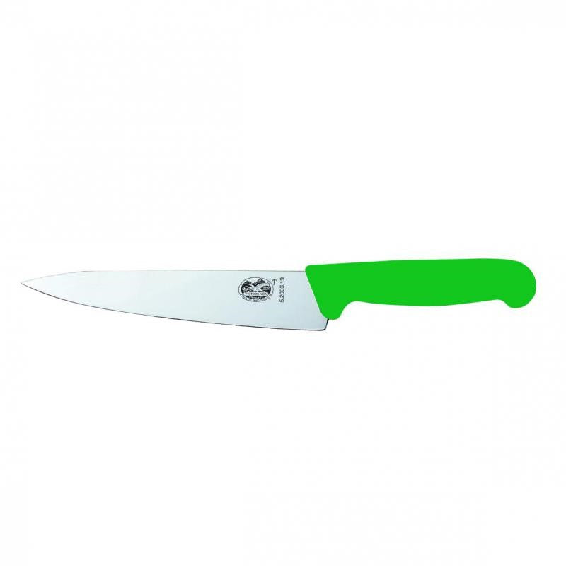 Victorinox 15cm green carving knife with ergonomic Fibrox handle for precision slicing of meats and vegetables.