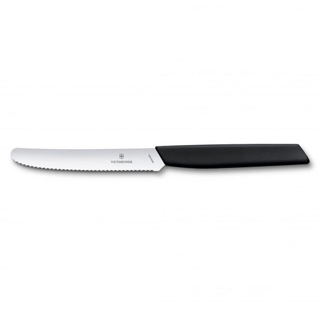 Victorinox Swiss Modern Tomato Knife with wavy edge, black ergonomic handle, perfect for slicing fruits and vegetables.