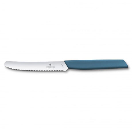 Vibrant Cornflower tomato knife with wavy edge, ergonomic handle, and stainless steel blade for precise slicing.