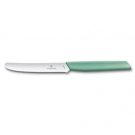 Victorinox Swiss Modern Tomato Knife in mint with wavy edge, featuring a stainless steel blade and anti-slip handle.