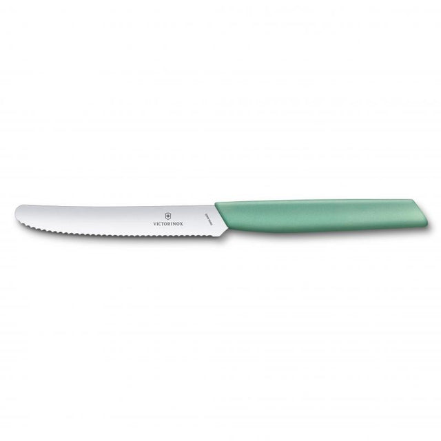 Victorinox Swiss Modern Tomato Knife in mint with wavy edge, featuring a stainless steel blade and anti-slip handle.