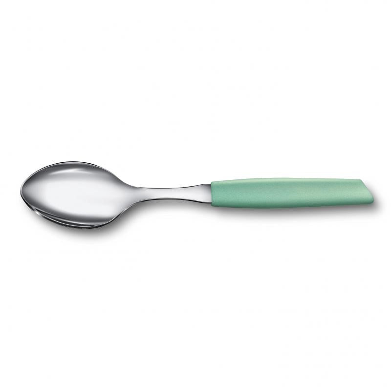 Mint-colored Victorinox Swiss Modern Tea Spoon, crafted from stainless steel, featuring a comfortable slip-proof handle for elegant dining.