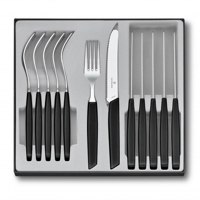 Elegant 12-piece Victorinox Swiss Modern table set in black, featuring 6 forks and 6 knives with ergonomic handles and wavy blades.