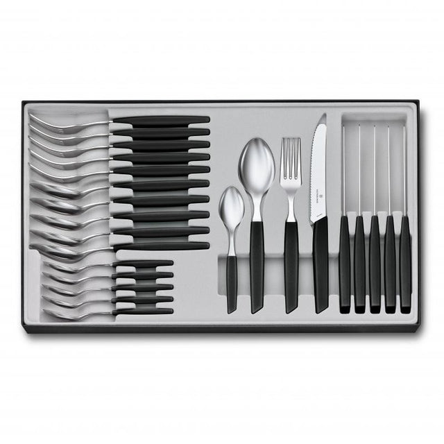 Victorinox Swiss Modern 24-piece cutlery set in black, featuring ergonomic handles and ultra-sharp wavy-edged blades.