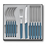 Victorinox 12-piece cutlery set in cornflower, includes 6 knives and 6 forks, featuring ergonomic handles and wavy edge blades.