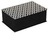 Elegant black and white jewellery box with multiple compartments for organized storage of earrings, necklaces, and bracelets.