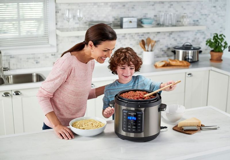 Sunbeam Crock Pot Multi Cooker with 5.7L capacity, 8 appliances in 1, and Easy Release Steam Release Dial for safe cooking.