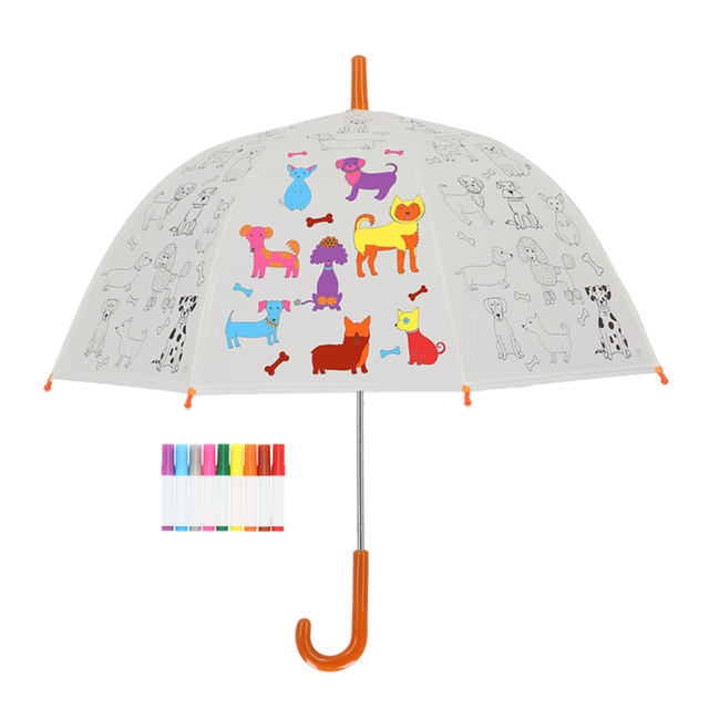 Colorful DIY kids umbrella featuring adorable dog patterns, designed for creative play and rain protection.