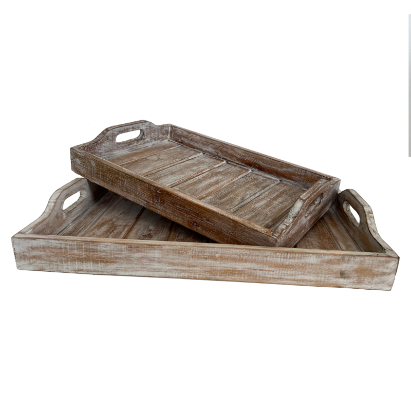 Stylish white wash wooden Butlers Tray set of 2, includes a large folding tray and a compact breakfast tray for versatile serving.